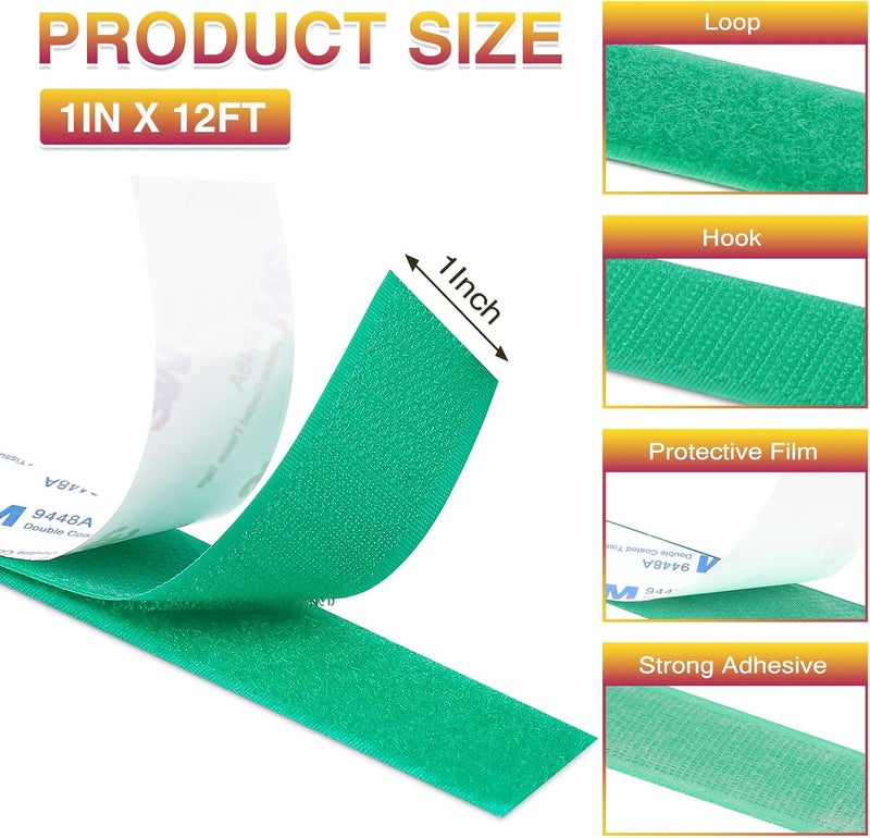 Summerbrite 12Ft x 1 Inch Hook and Loop Tape, Heavy Duty Double-Sided Adhesive Strips, Strong Sticky Back Fastener, Cuttable Interlocking Tape Fasteners for Home, Office, Car, School & DIY Crafts (Green) - Image 2
